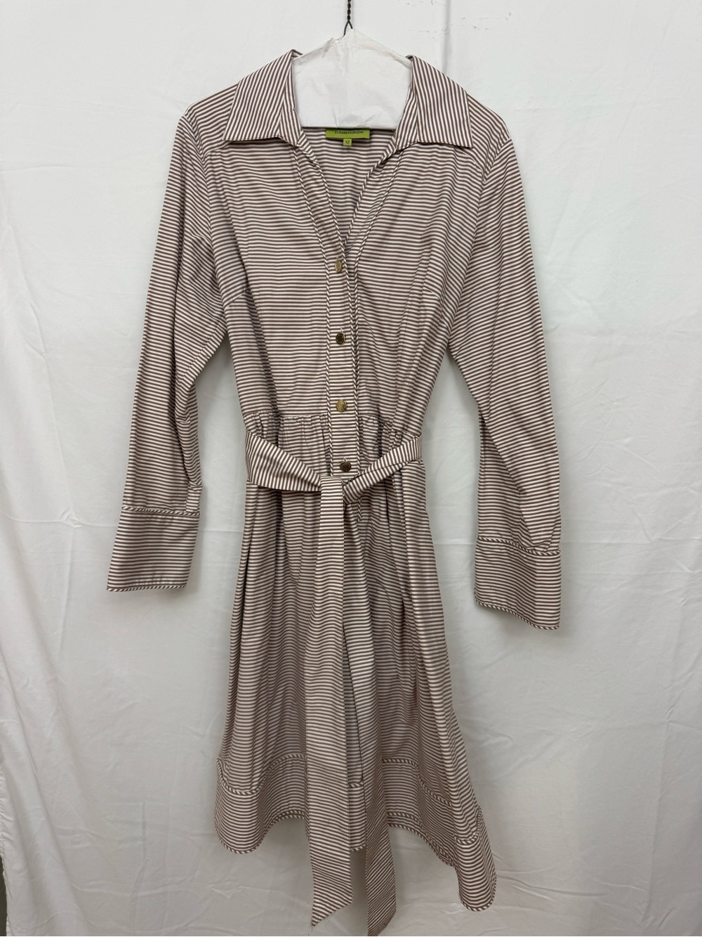 Striped Belted Shirt Dress Size 12 Brown White Long Sleeve